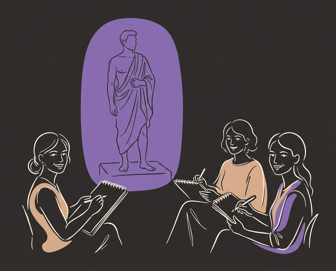 Line-art illustration of guests sketching a male figure model during a private figure-drawing party in Washington DC