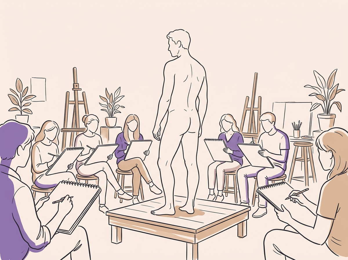 Rear three-quarter view of a nude male figure model posing on a platform while guests sketch, rendered in charcoal contour line art with purple and tan color blocks